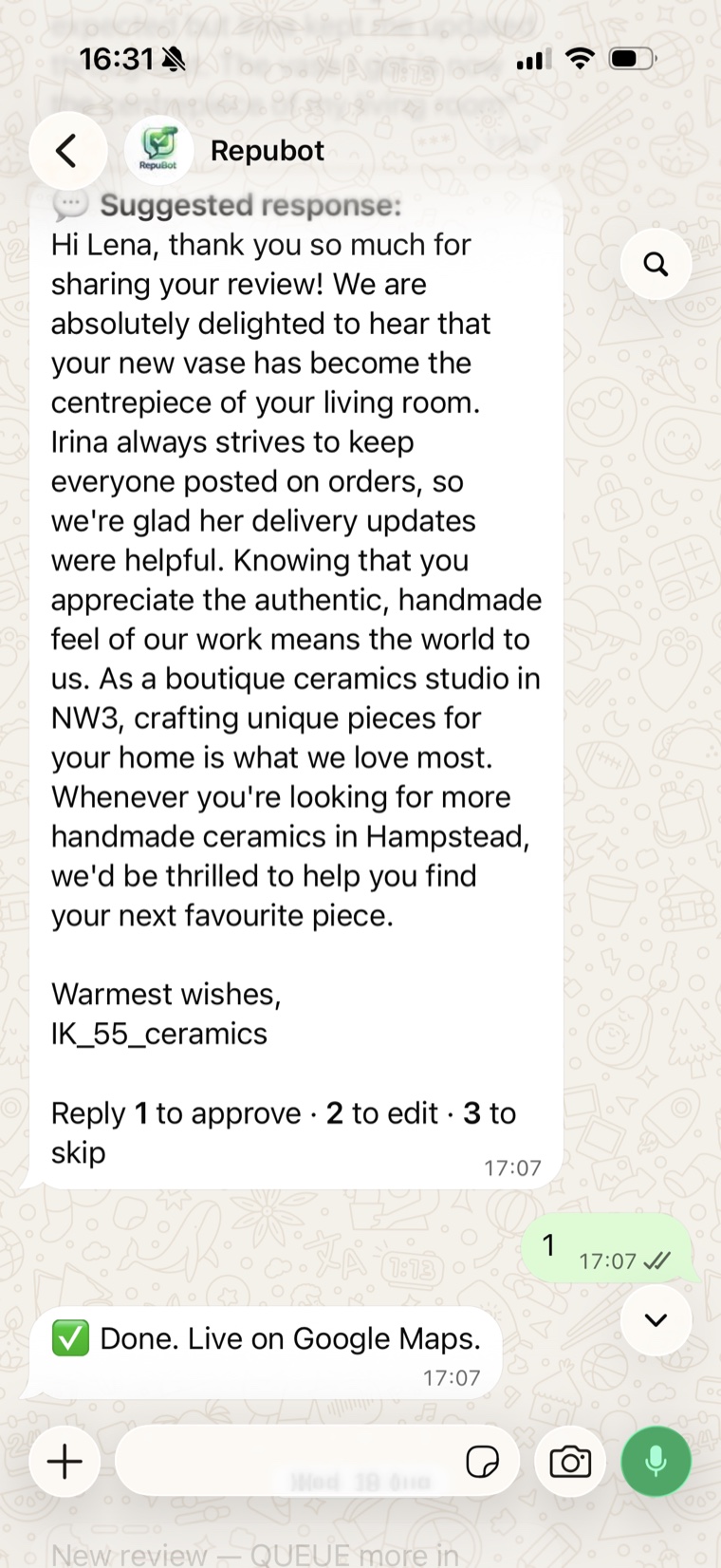 RepuBot suggested response to a 5-star review, approved with a single WhatsApp reply